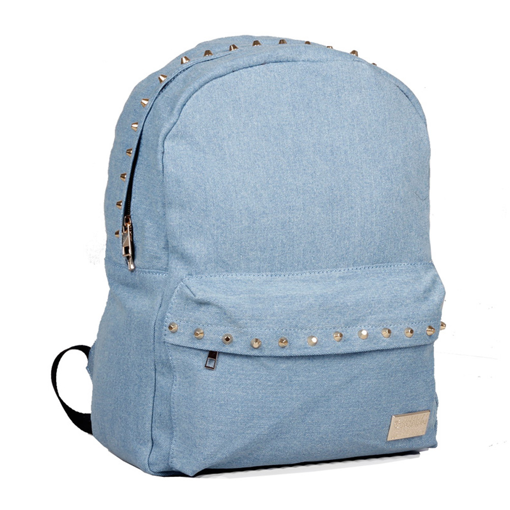 Fashion Light Blue Rivet Denim Backpack Oversized School Bag on Luulla